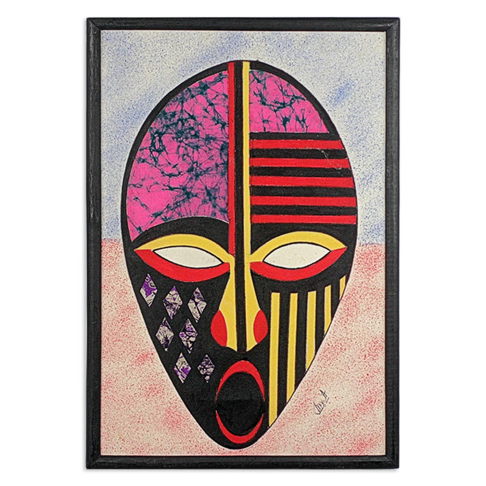 To Be Alive Oil on Cotton African Mask Batik Collage from Ghana