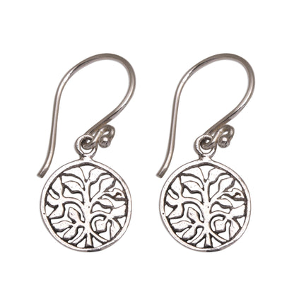 Leafy Windows Circular Tree Sterling Silver Dangle Earrings from Bali