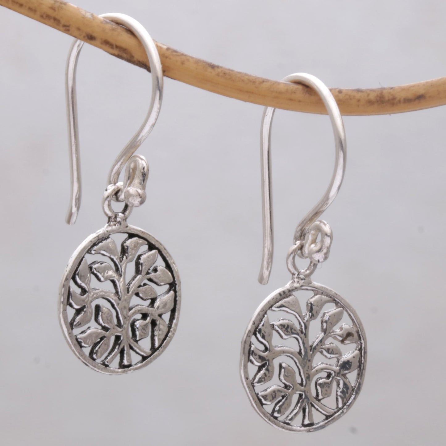 Leafy Windows Circular Tree Sterling Silver Dangle Earrings from Bali