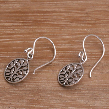 Leafy Windows Circular Tree Sterling Silver Dangle Earrings from Bali