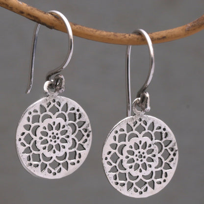 Enchanting Mandalas Round Sterling Silver Mandala Flower Earrings from Bali