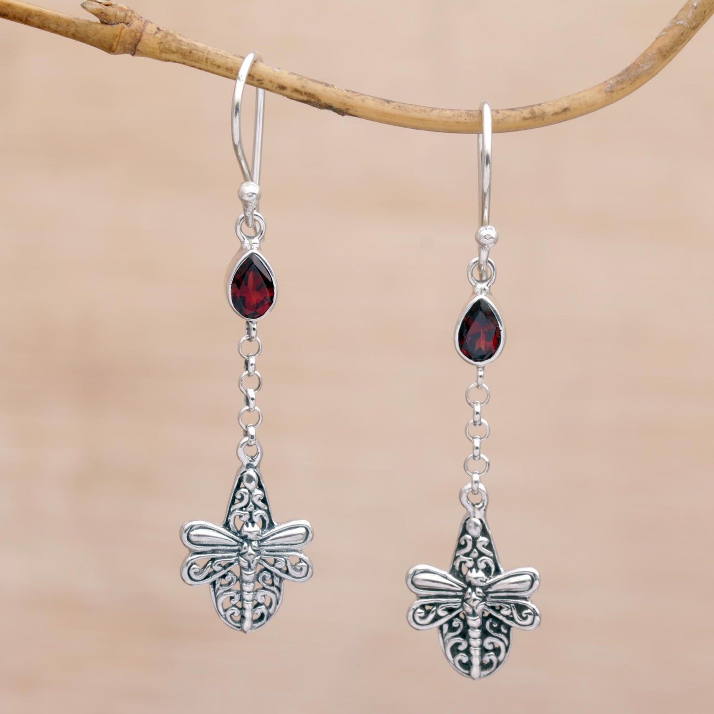 Dragonfly Altar Handmade 925 Sterling Silver Garnet Dragonfly Earrings