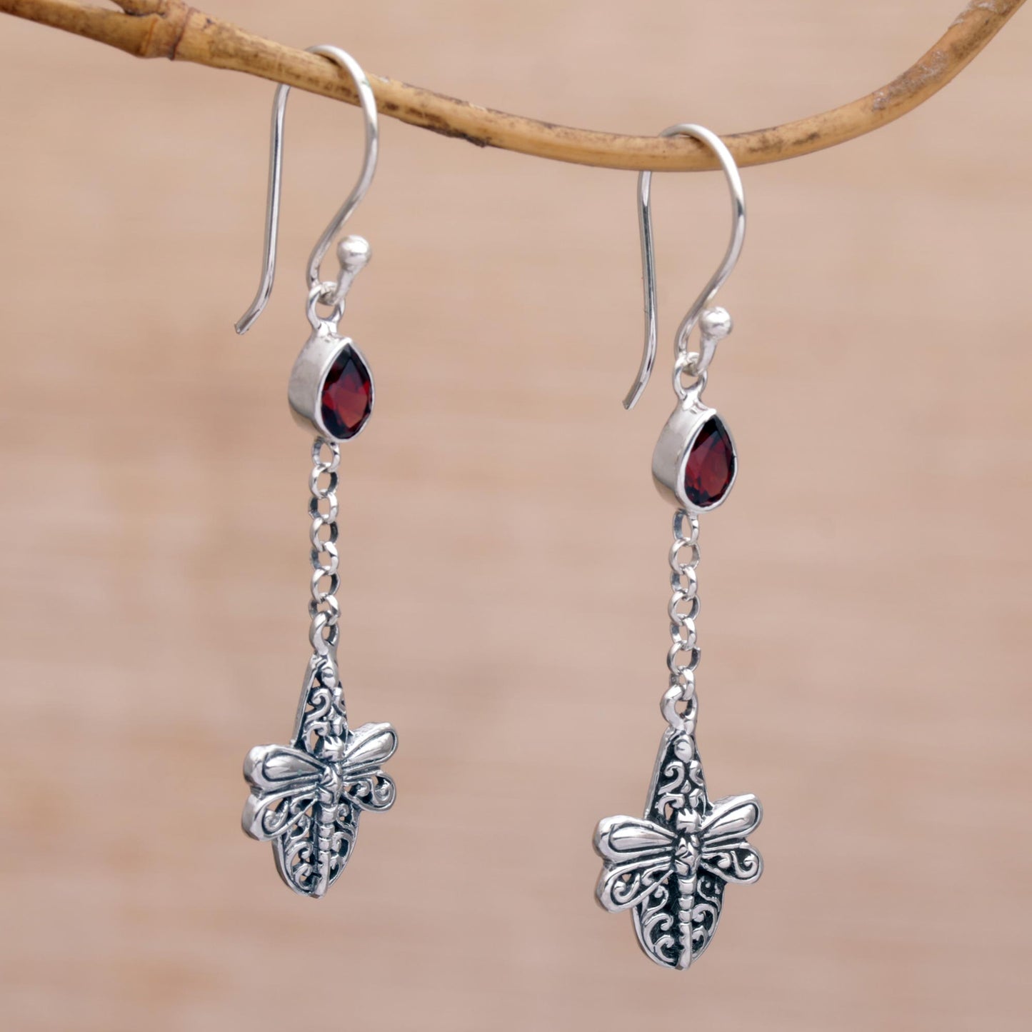 Dragonfly Altar Handmade 925 Sterling Silver Garnet Dragonfly Earrings