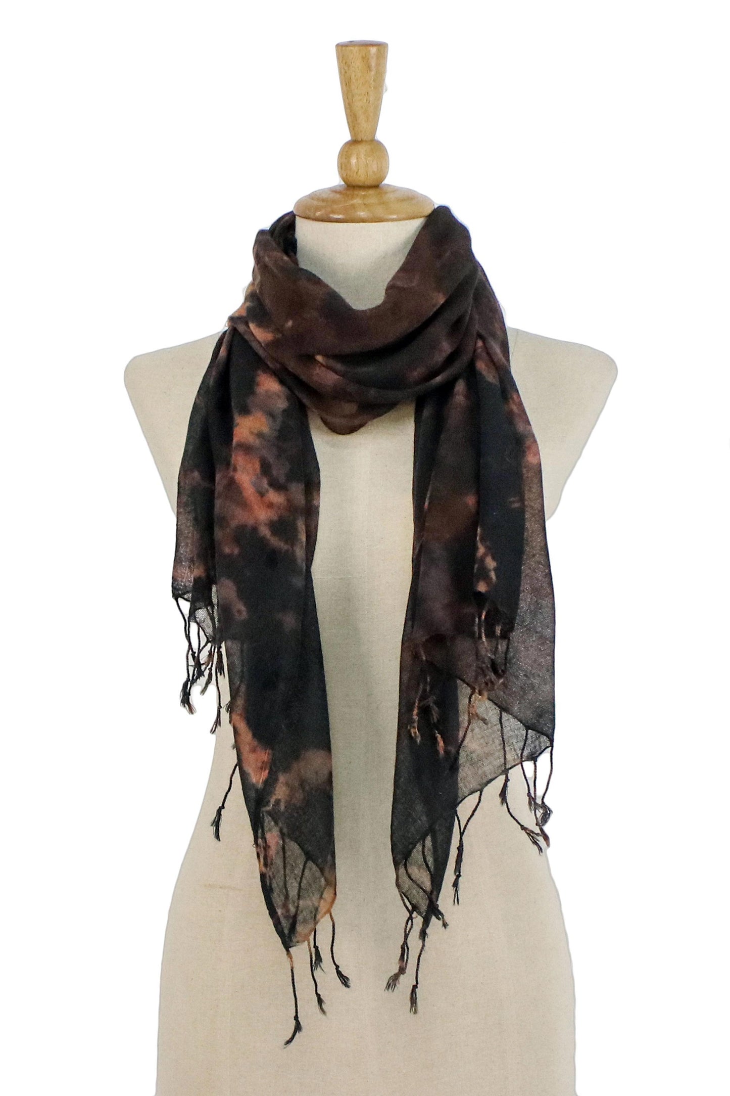 Subtle Colors Tie-Dyed Fringed Cotton Wrap Scarf in Brown from Thailand