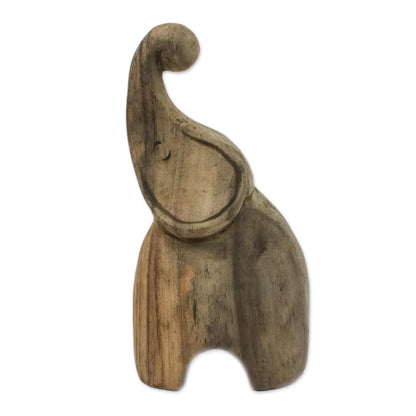 Joyful Elephant Handmade Raintree Wood Elephant Statuette from Thailand