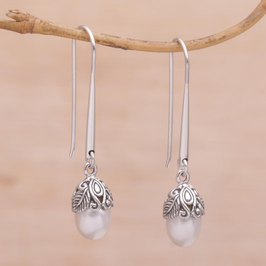 Balinese Acorn Silver & Pearl Earrings