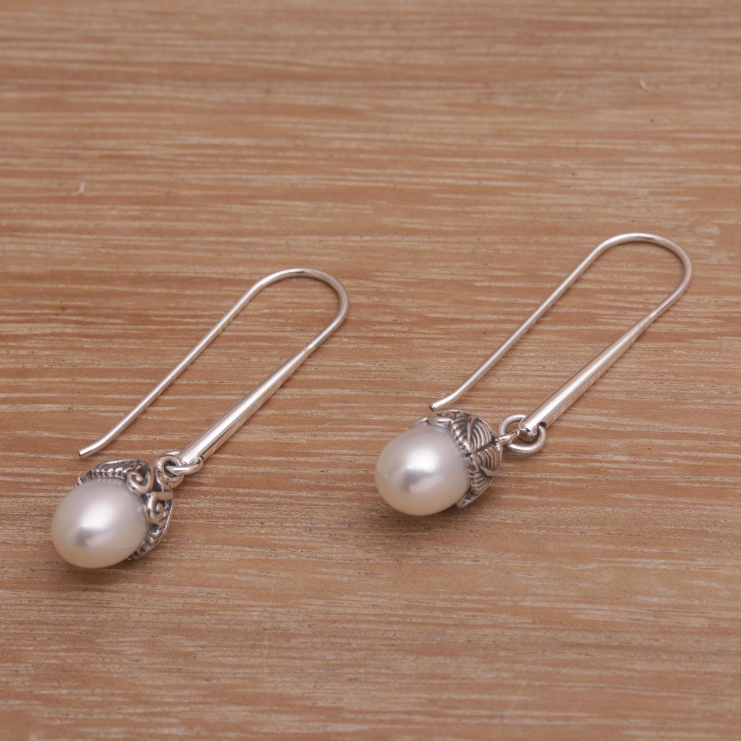 Balinese Acorn Silver & Pearl Earrings