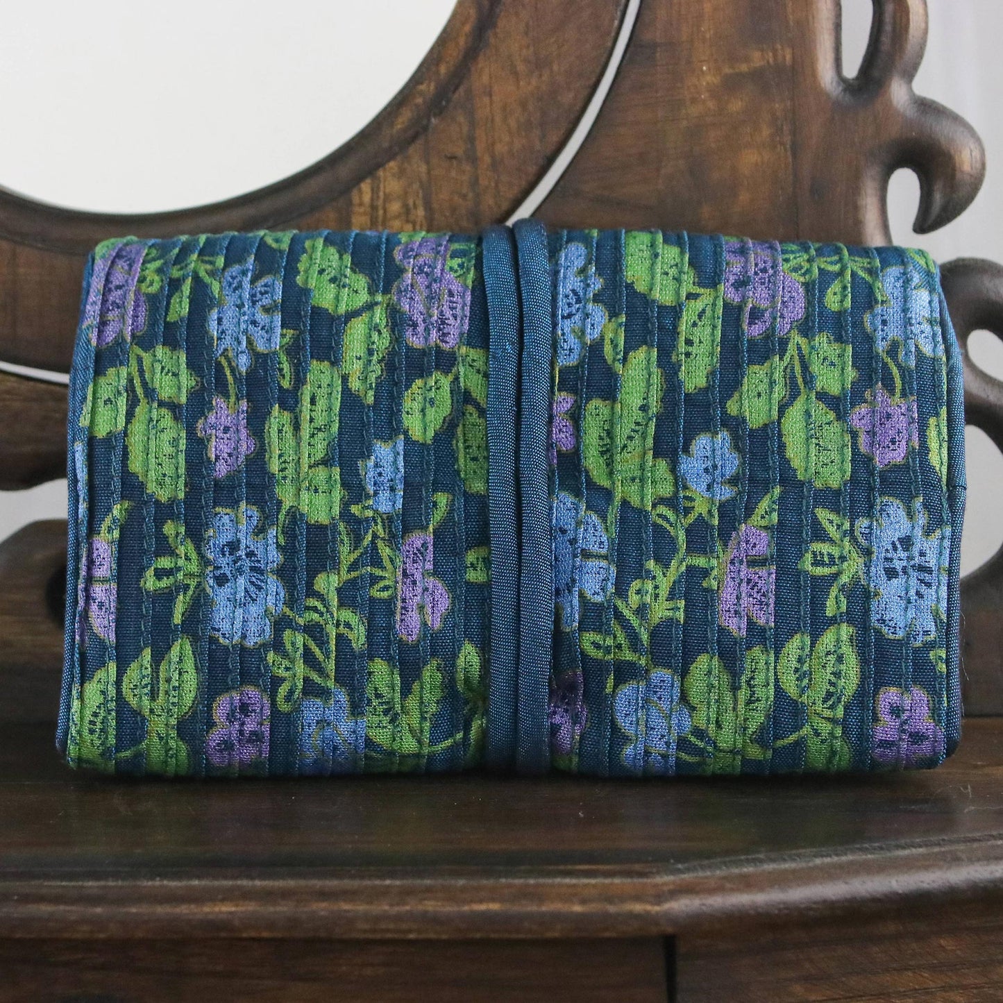 Floral Fashion Rayon and Silk Blend Jewelry Roll in Blue from Thailand