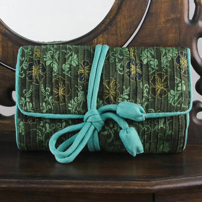 Floral Fashionista Rayon and Silk Blend Jewelry Roll in Green from Thailand