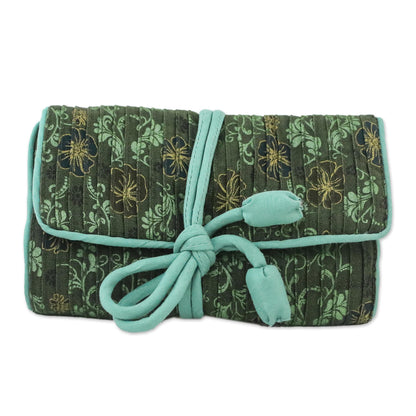 Floral Fashionista Rayon and Silk Blend Jewelry Roll in Green from Thailand