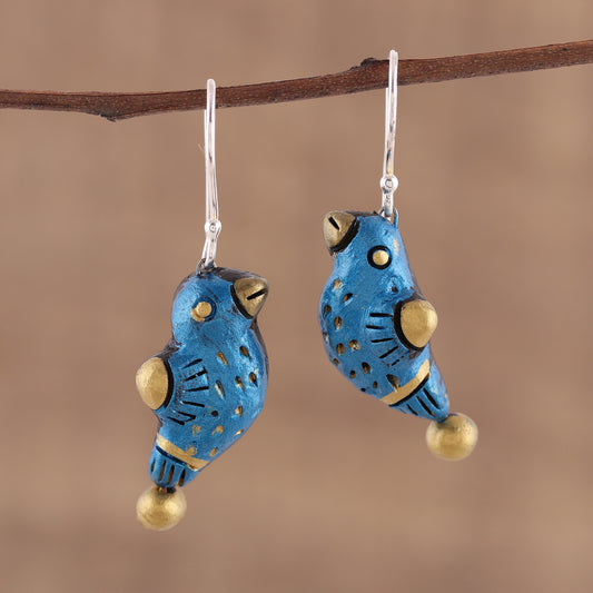 Dancing Sparrow Hand Crafted Terracotta Blue Bird Earrings from India