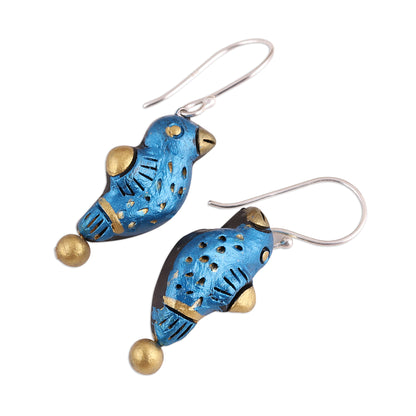 Dancing Sparrow Hand Crafted Terracotta Blue Bird Earrings from India