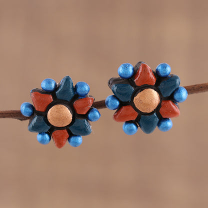 Delightful Flowers Flower-Shaped Ceramic Button Earrings Crafted in India