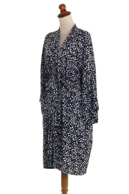 Midnight Meadow Silk Screen White Flowers on Black Rayon Short Robe