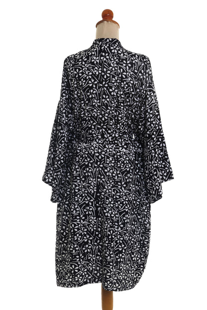 Midnight Meadow Silk Screen White Flowers on Black Rayon Short Robe