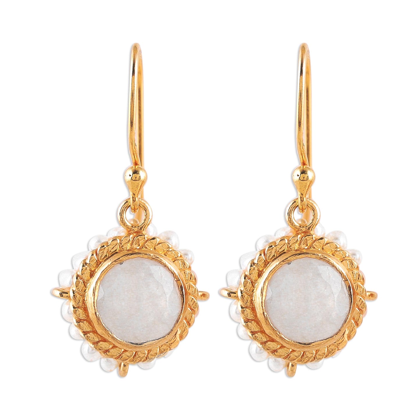 White Harmony 22k Gold Plated Rainbow Moonstone Cultured Pearl Earrings