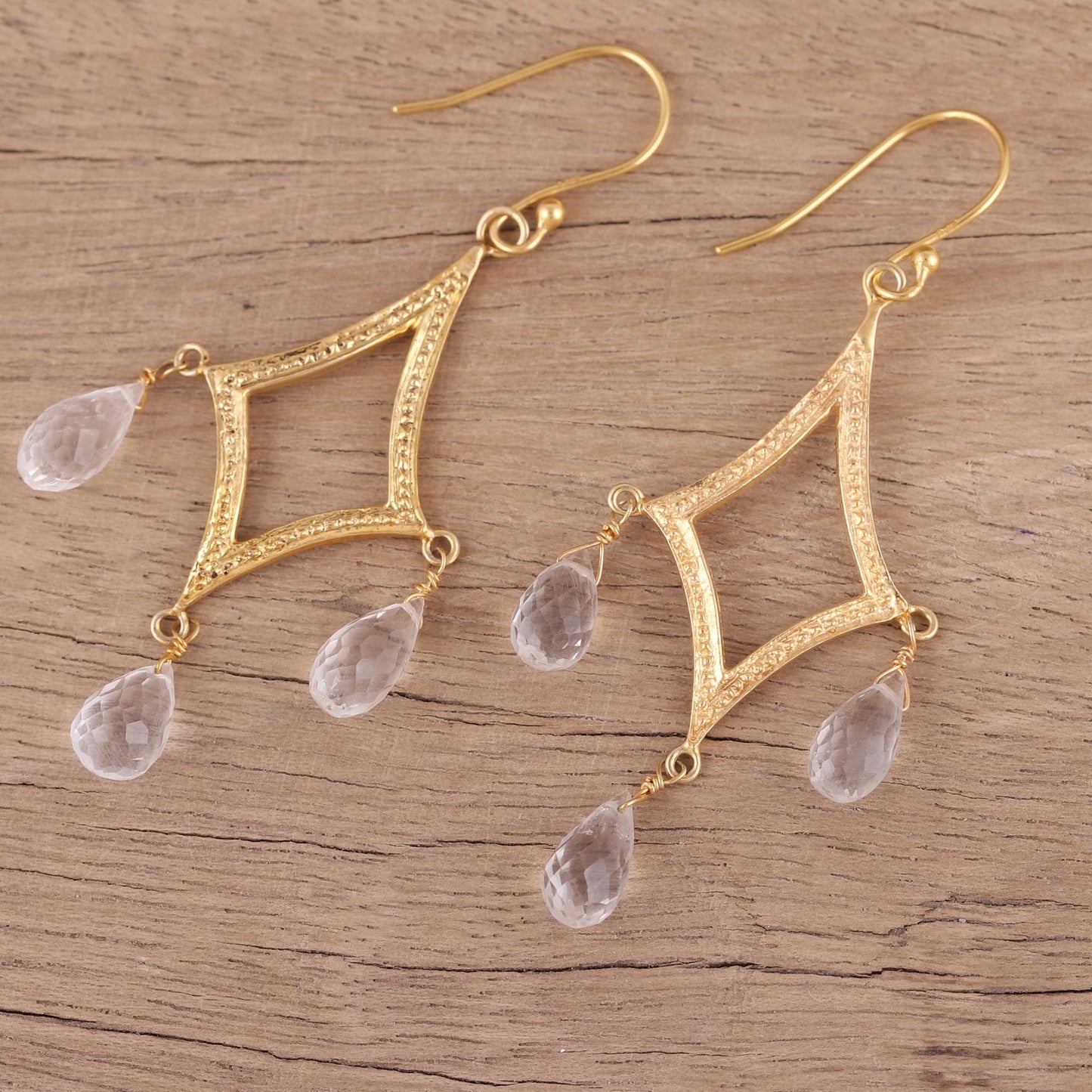 Cascading Drops Crystal Quartz 22k Gold Plated Sterling Silver Earrings