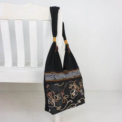 Floral Nighttime Floral Cotton Shoulder Bag from Thailand