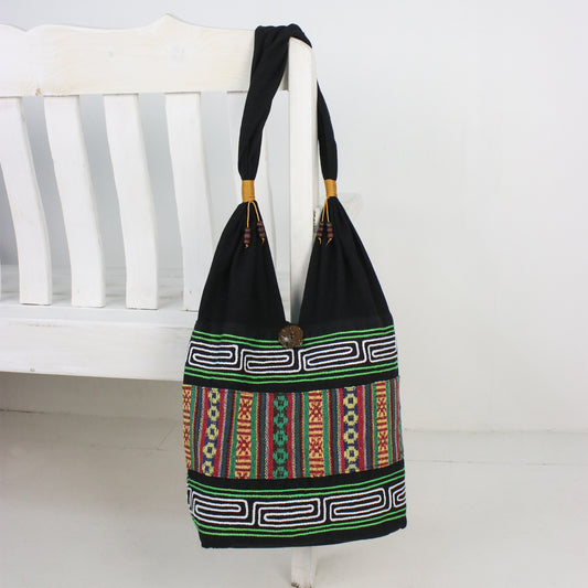 Thai Hillside Embroidered Multicolored Cotton Shoulder Bag from Thailand