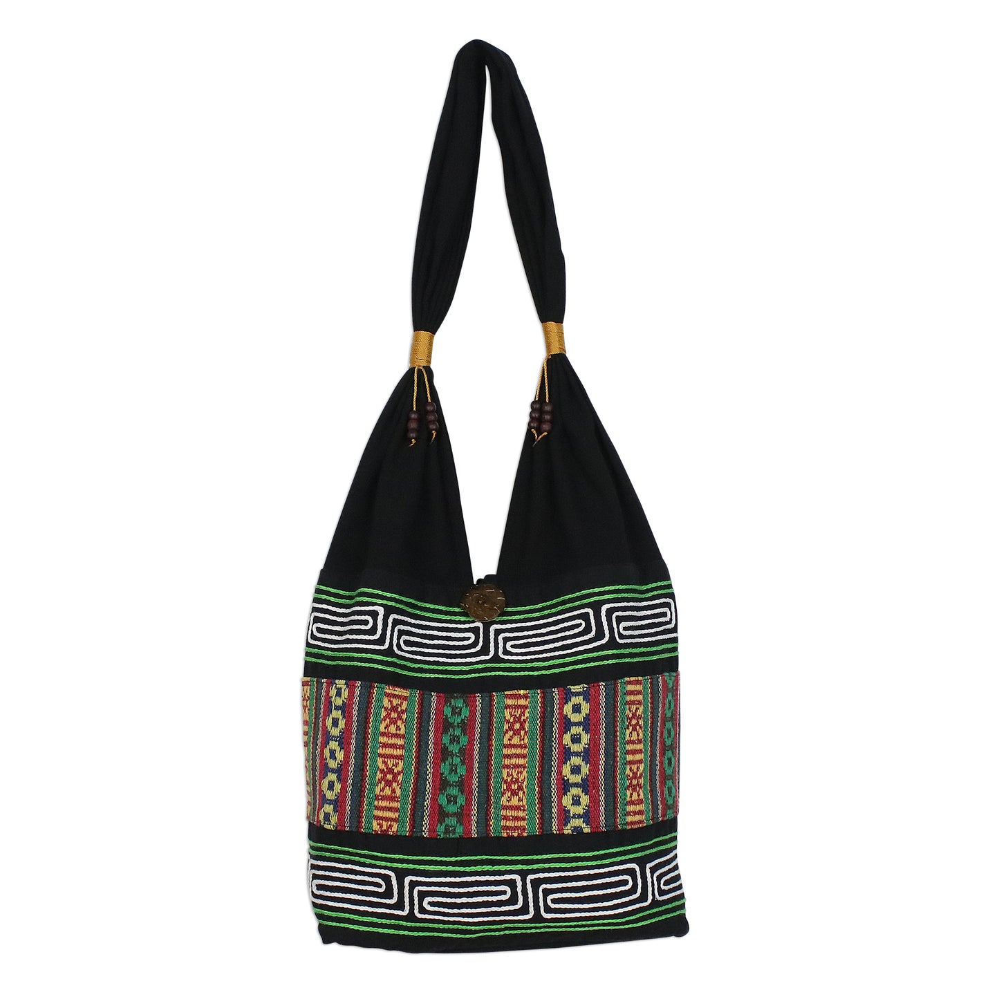 Thai Hillside Embroidered Multicolored Cotton Shoulder Bag from Thailand