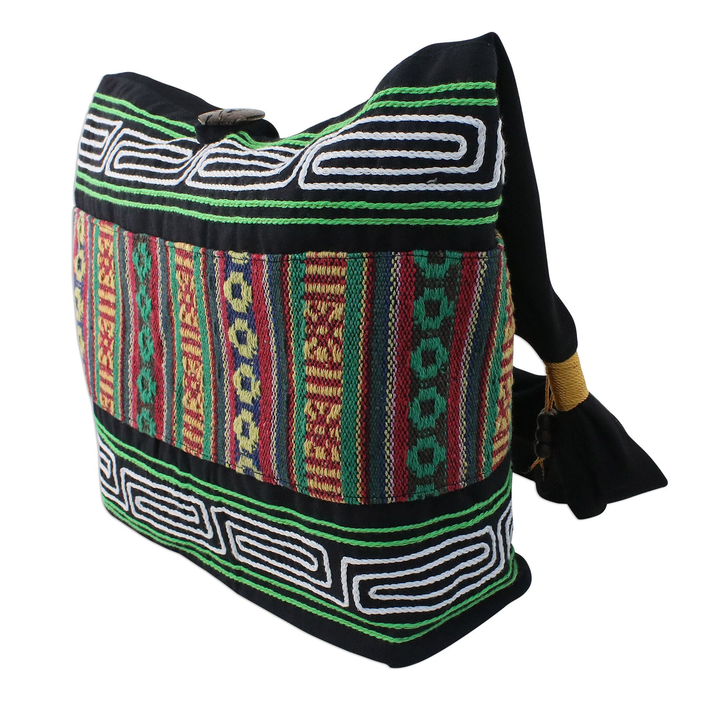 Thai Hillside Embroidered Multicolored Cotton Shoulder Bag from Thailand