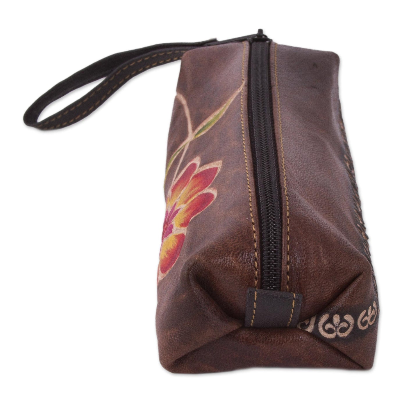 Moray Flower Brown Leather Pencil Case with Hand Painted Flower