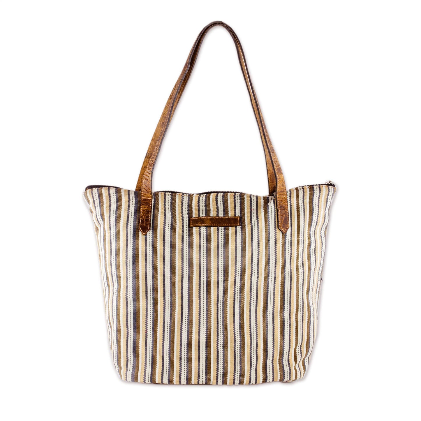 Modern Cafe Cream and Brown Striped Hand Woven Cotton Tote Bag