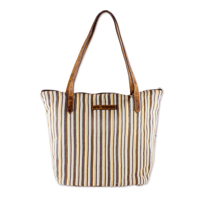 Modern Cafe Cream and Brown Striped Hand Woven Cotton Tote Bag