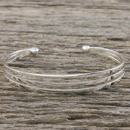 Aligned Trio Sterling Silver Wire Narrow Cuff Bracelet