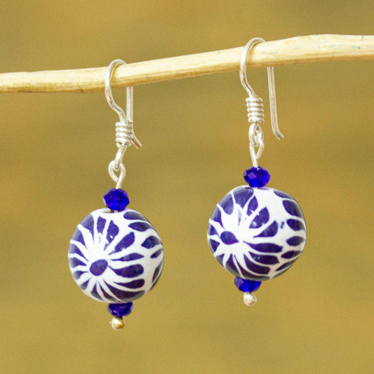 Peeking Flower Ceramic Puebla-Style Bead Blue Floral Dangle Earrings