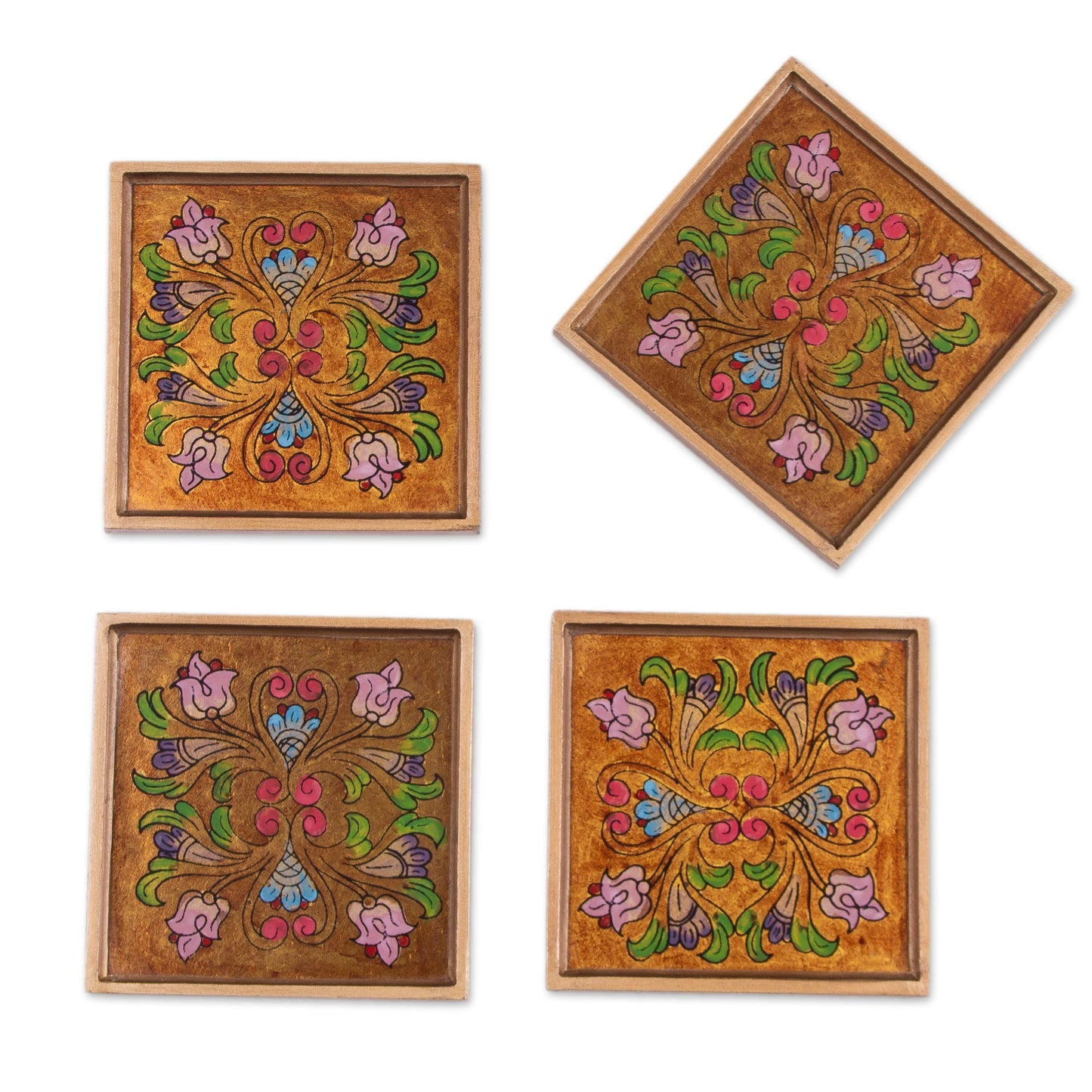 Floral Gold Reverse Painted Glass Floral Coasters (Set of 4) from Peru