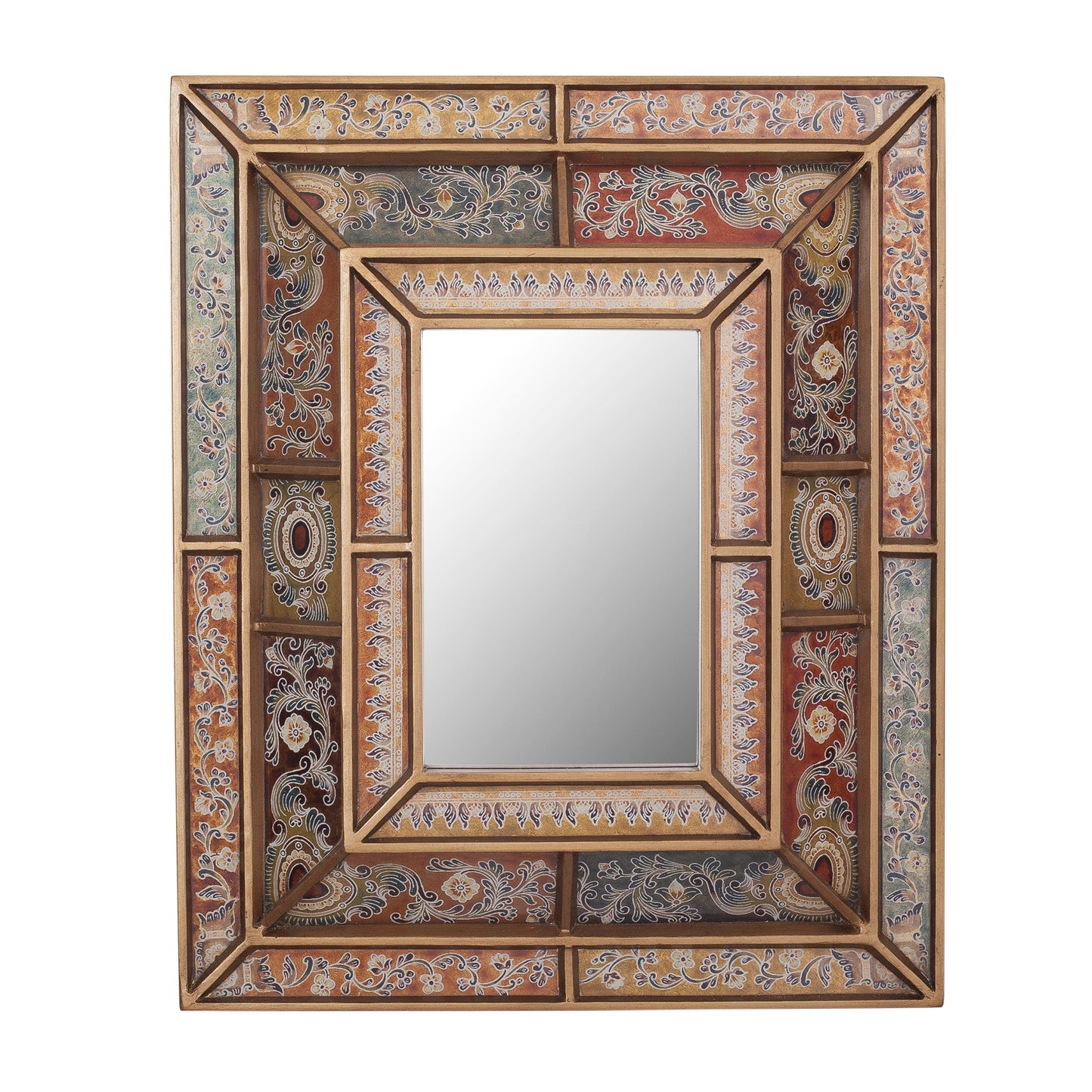 Colonial Charm Floral Reverse-Painted Glass Wall Mirror from Peru