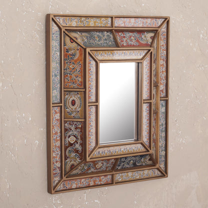 Colonial Charm Floral Reverse-Painted Glass Wall Mirror from Peru