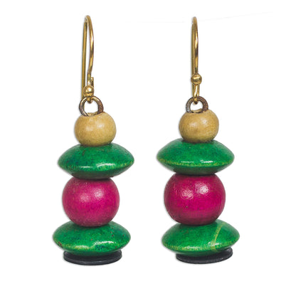 Raspberry Bush Pink and Green Stacked Sese Wood Beaded Dangle Earrings