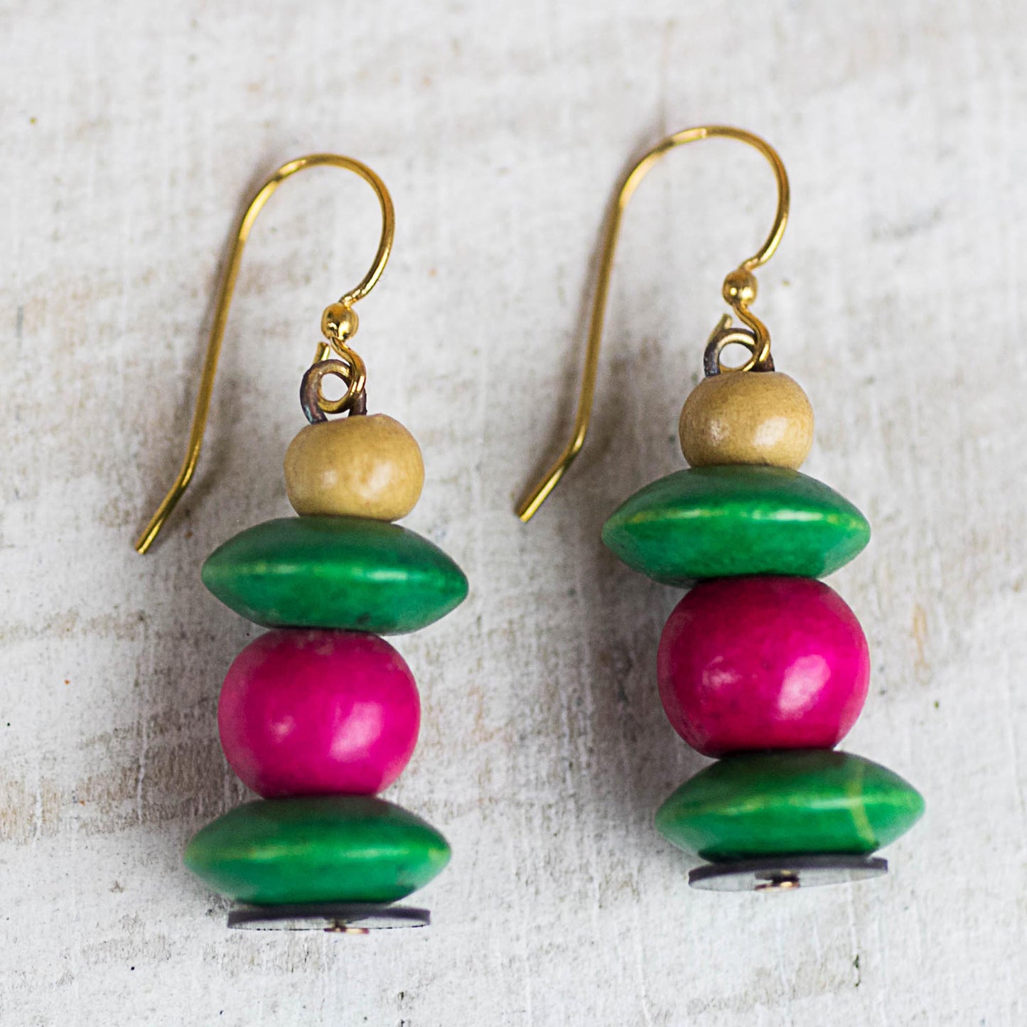 Raspberry Bush Pink and Green Stacked Sese Wood Beaded Dangle Earrings