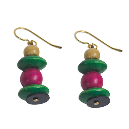 Raspberry Bush Pink and Green Stacked Sese Wood Beaded Dangle Earrings