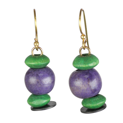 Grape Vineyard Purple and Green Sese Wood Beaded Dangle Earrings