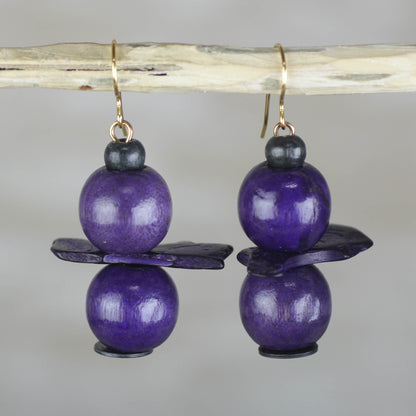 Grape Harvest Purple Sese Wood Coconut Shell Stacked Dangle Earrings