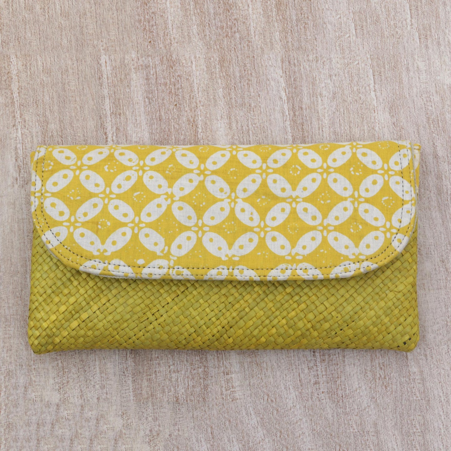 Truntum Dreams Hand Woven Lontar Leaf and Cotton Yellow Clutch Bag