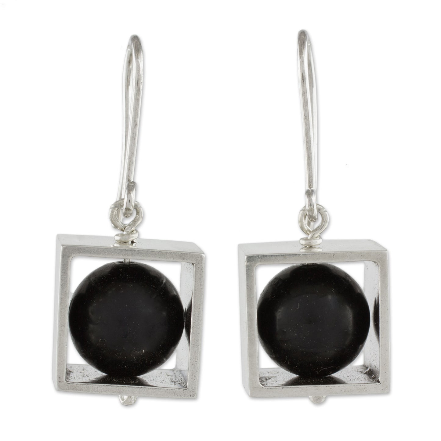 Frames Square Sterling Silver Frame with Onyx Orb Dangle Earrings