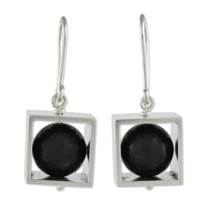 Frames Square Sterling Silver Frame with Onyx Orb Dangle Earrings