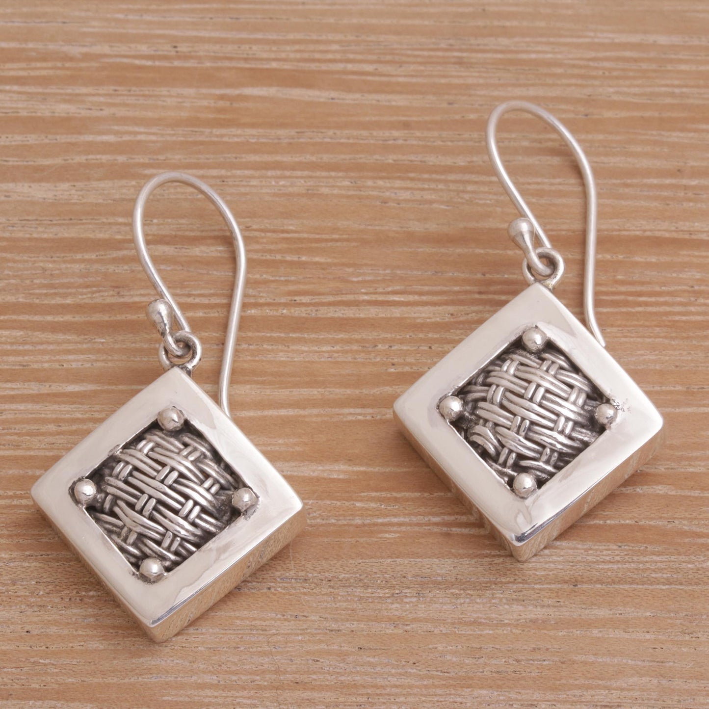 Weaving Ketupats Woven Sterling Silver Diamond Shaped Dangle Earrings