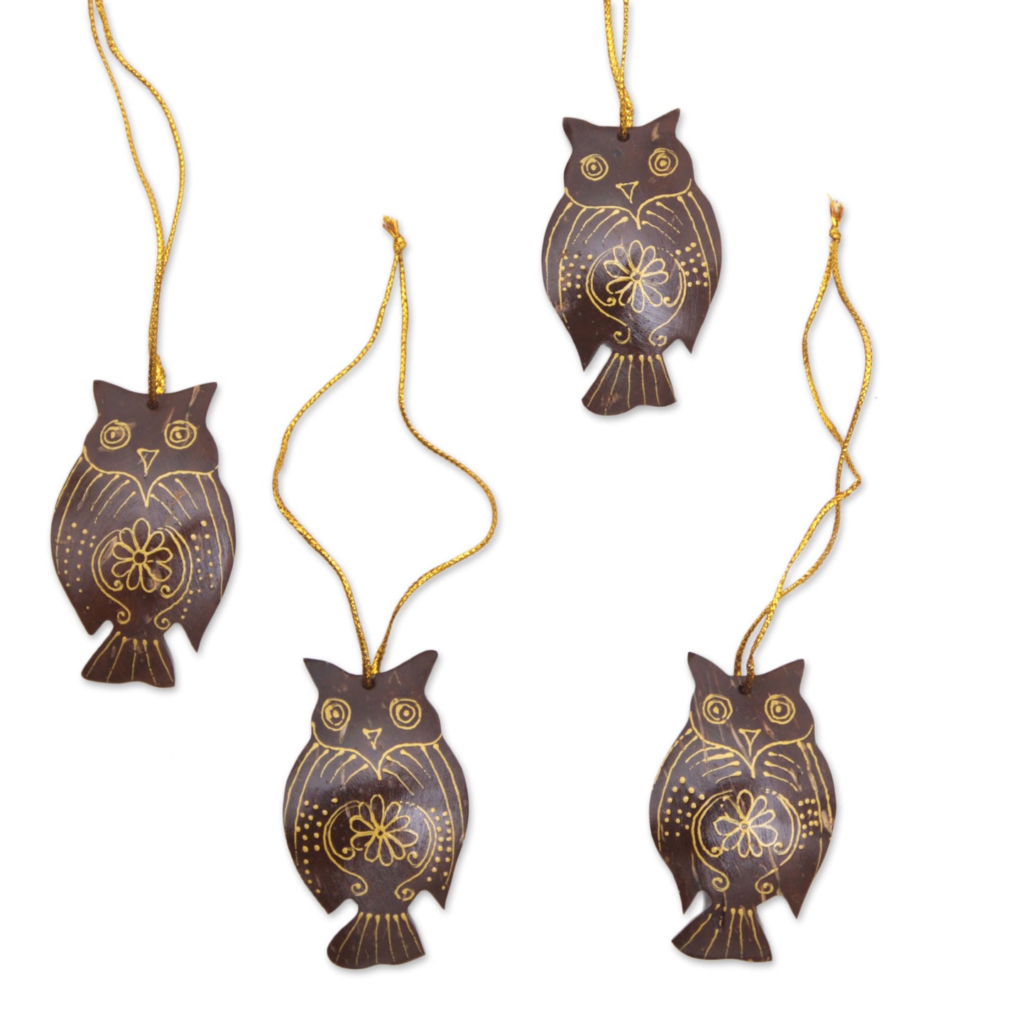 Holiday Owl Coconut Shell Hanging Ornaments - Set of 4