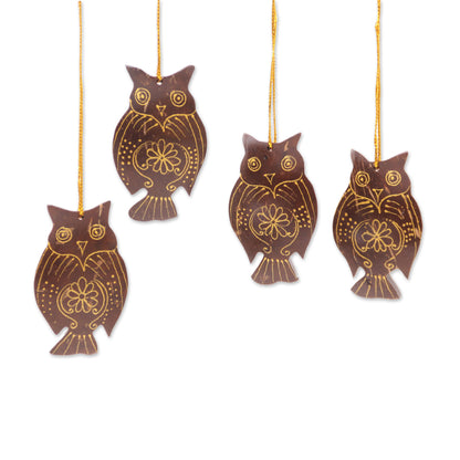 Holiday Owl Coconut Shell Hanging Ornaments - Set of 4