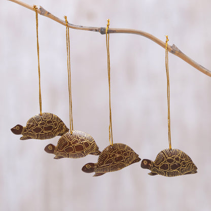 Royal Turtle Set of 4 Handmade Brown Coconut Shell Turtle Ornaments