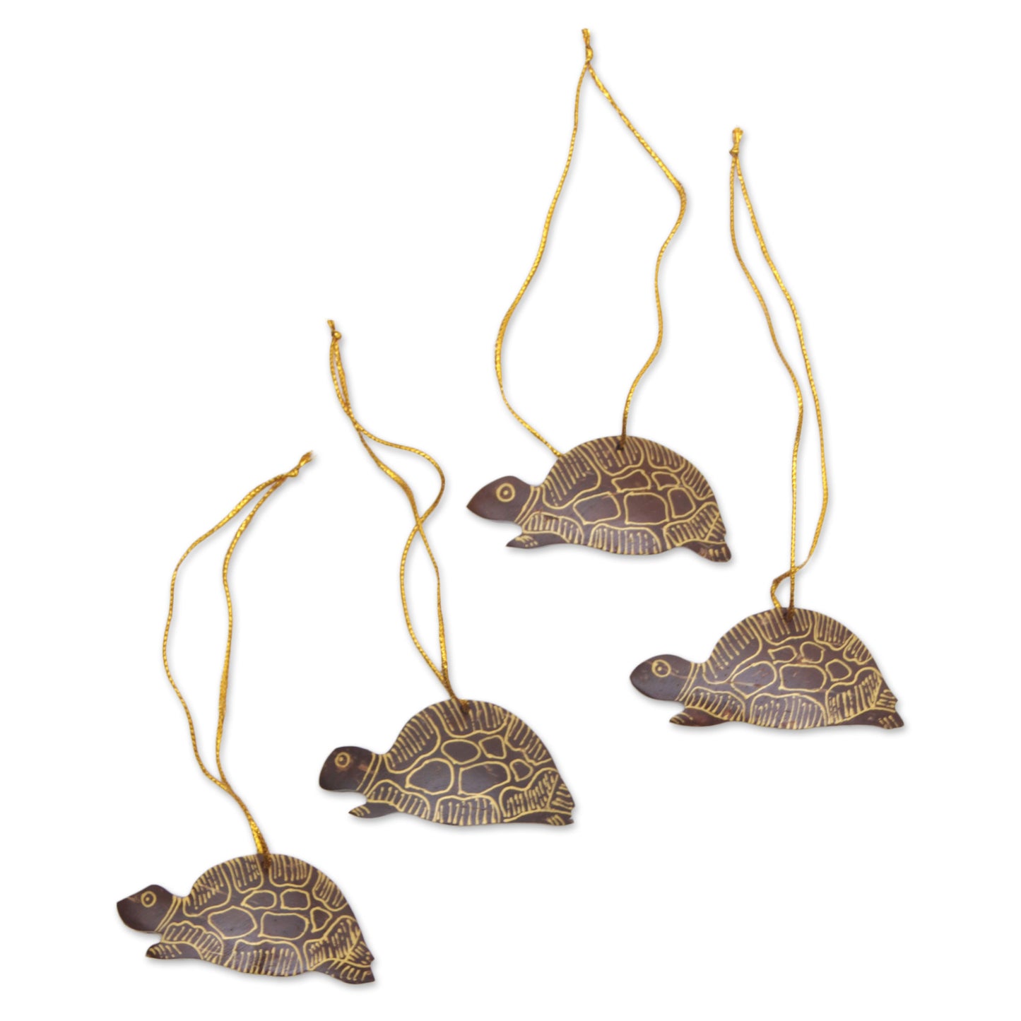 Royal Turtle Set of 4 Handmade Brown Coconut Shell Turtle Ornaments