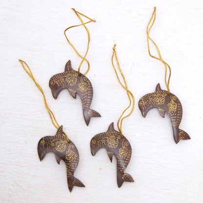 Dolphin Echo Set of 4 Handmade Brown Coconut Shell Dolphin Ornaments