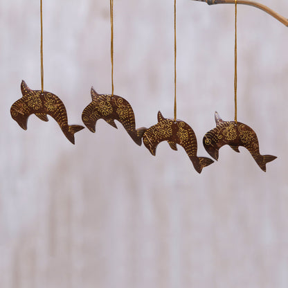 Dolphin Echo Set of 4 Handmade Brown Coconut Shell Dolphin Ornaments