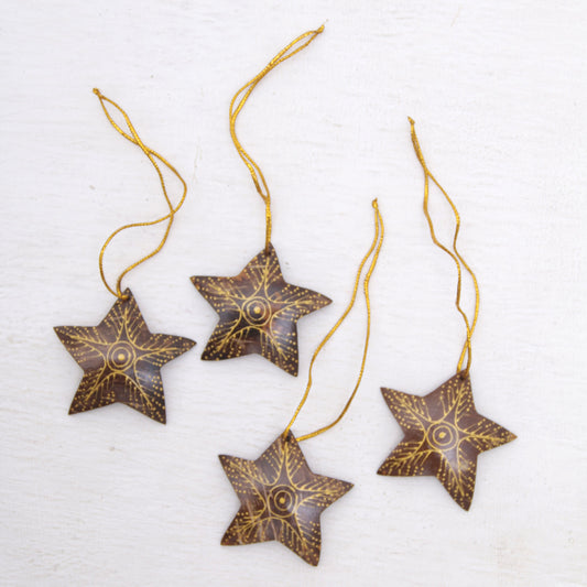 Bright Lights in the Sky Set of 4 Handmade Brown Coconut Shell Star Ornaments