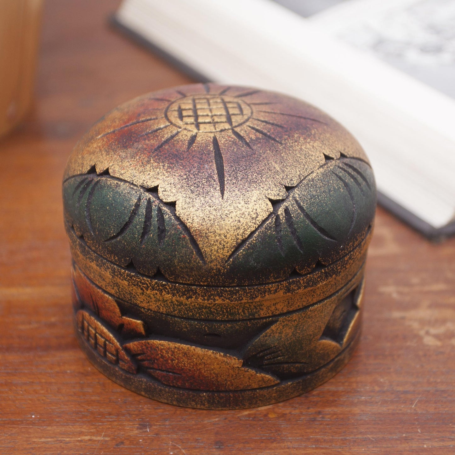 Bougainvillea Blossom Mahogany Wood Round Metallic Gold Keepsake Jewelry Box